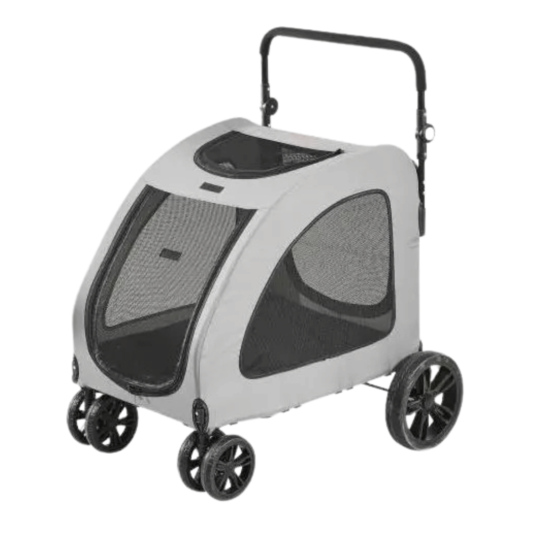 Front view of large dog stroller with mesh sides, spacious interior, and sturdy frame for pets up to 72kg.