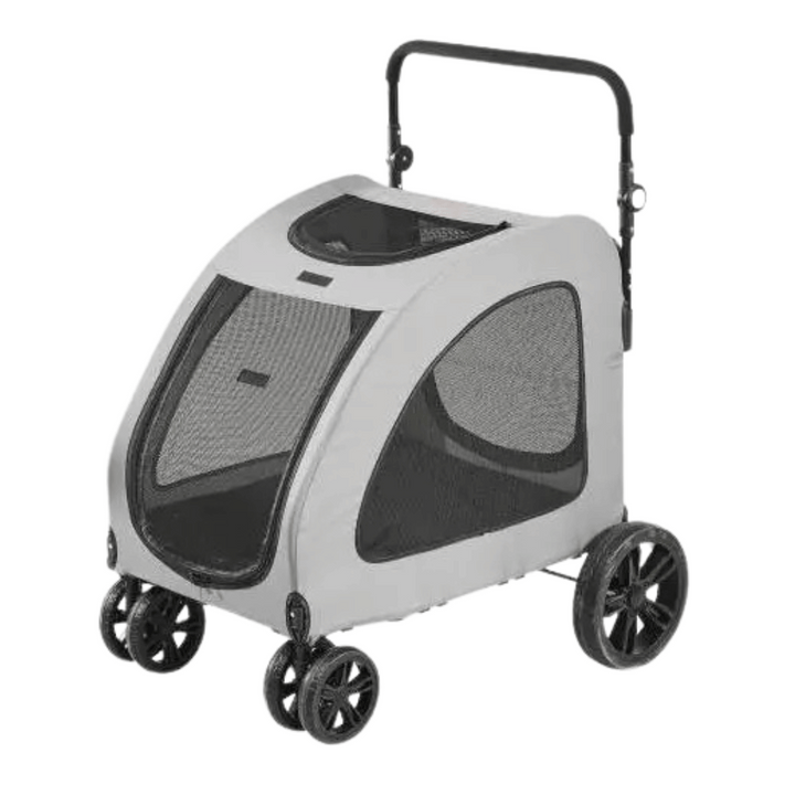 Front view of large dog stroller with mesh sides, spacious interior, and sturdy frame for pets up to 72kg.
