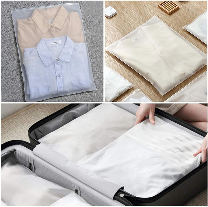 Efficient frosted zip garment bags, multi-purpose travel and home organizer.