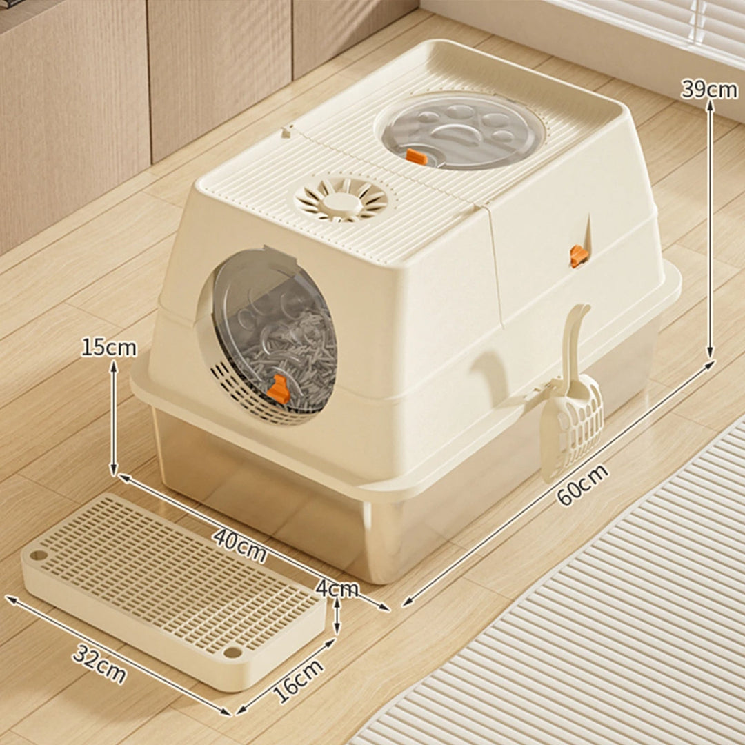 "Fully enclosed cat litter box with stainless steel tray, modern design, sleek enclosure, neutral colors, pet supplies."