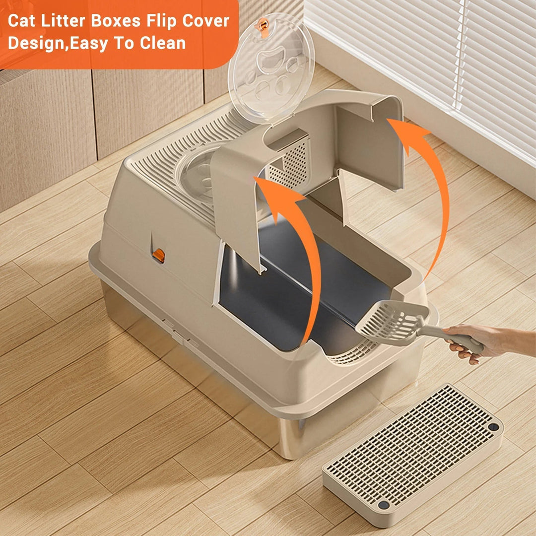 "Fully enclosed cat litter box with stainless steel tray, modern design, sleek enclosure, neutral colors, pet supplies."