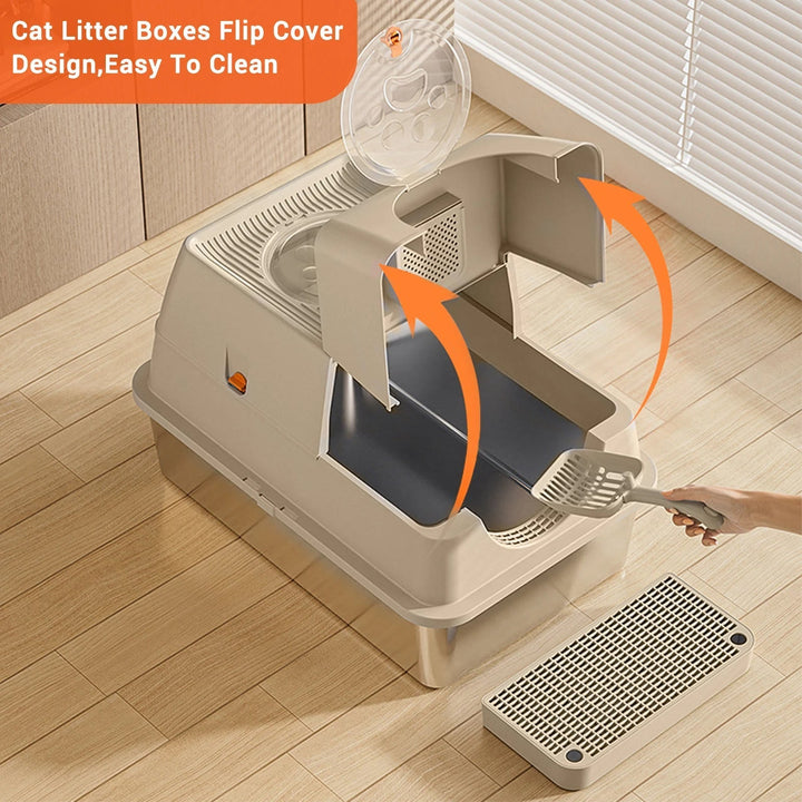 "Fully enclosed cat litter box with stainless steel tray, modern design, sleek enclosure, neutral colors, pet supplies."