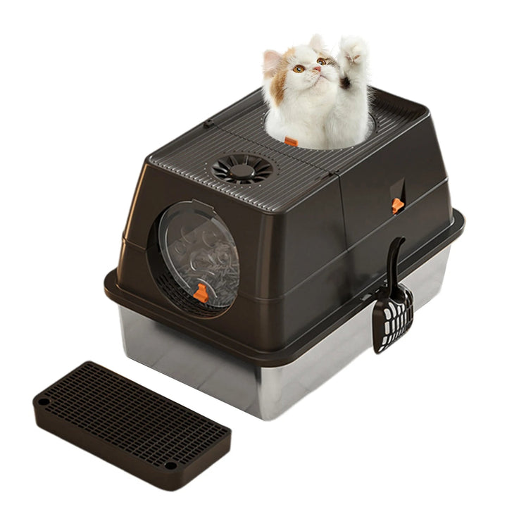 "Fully enclosed cat litter box with stainless steel tray, modern design, sleek enclosure, neutral colors, pet supplies."