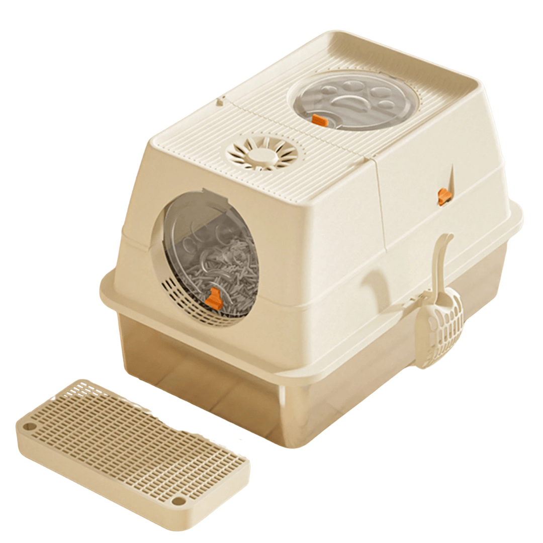 "Fully enclosed cat litter box with stainless steel tray, modern design, sleek enclosure, neutral colors, pet supplies."