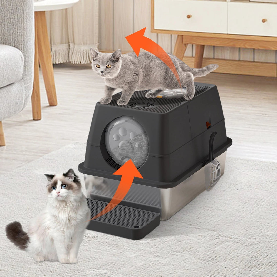 "Fully enclosed cat litter box with stainless steel tray, modern design, sleek enclosure, neutral colors, pet supplies."