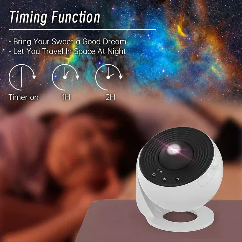 "Galaxy light projector with starry sky display, perfect for creating relaxing ambiance in any room."