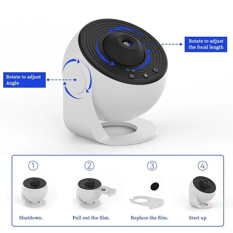 "Galaxy light projector with starry sky display, perfect for creating relaxing ambiance in any room."
