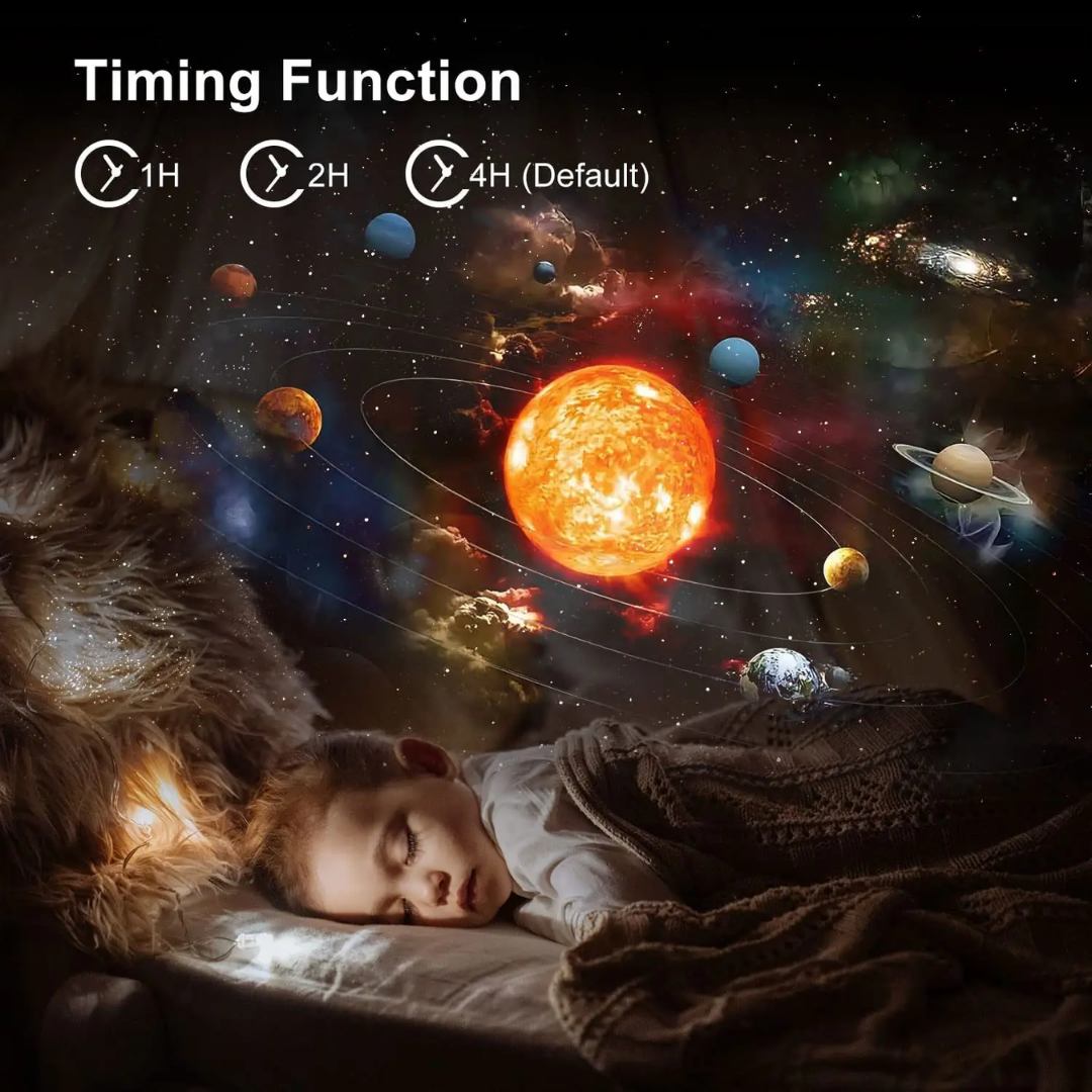 "Galaxy projector with 360° rotation showing twinkling stars, ideal for creating a relaxing and enchanting night sky at home.