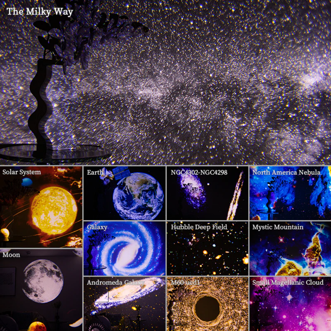"Galaxy projector with 360° rotation showing twinkling stars, ideal for creating a relaxing and enchanting night sky at home.