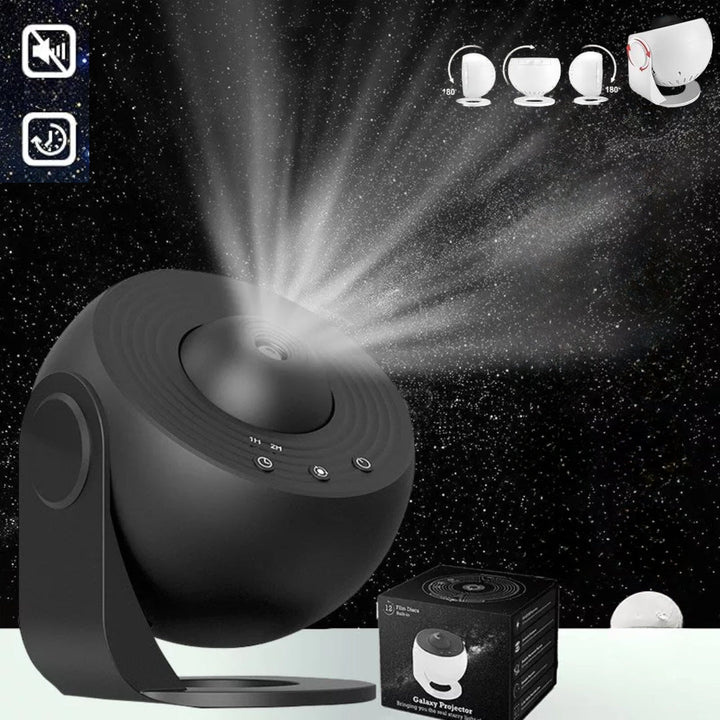 "Galaxy projector with 360° rotation showing twinkling stars, ideal for creating a relaxing and enchanting night sky at home.