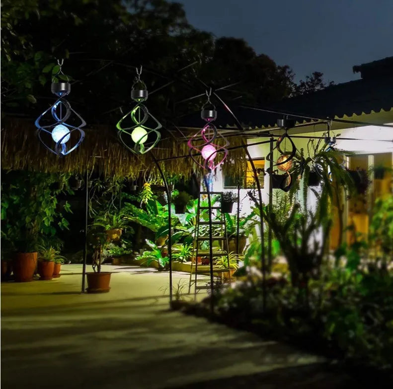 "Garden Colour-Changing Solar Wind Chimes with LED Lights, showcasing vibrant hues and melodic features for outdoor decor"