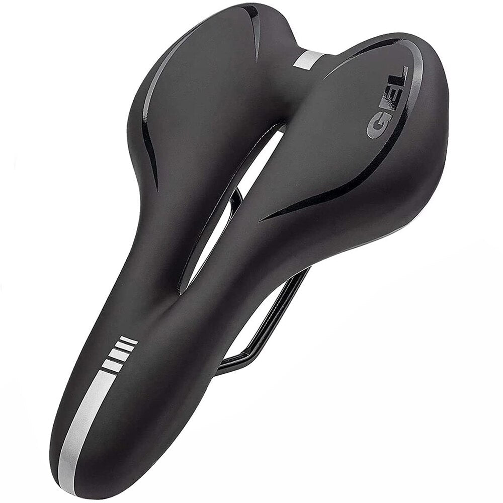 Gel bike saddle with gel cushioning, breathable design, durable black cover, ideal for comfortable long rides and reduced str