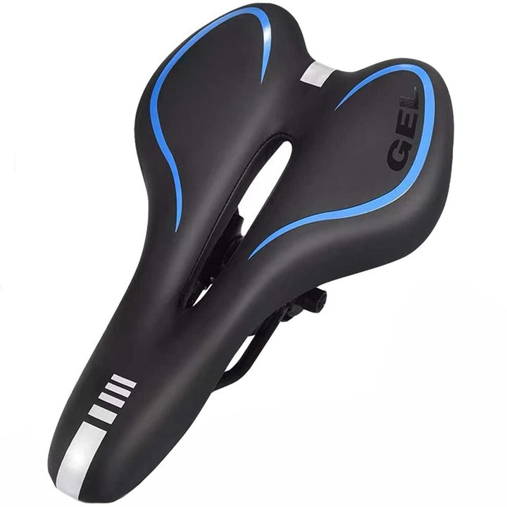 Gel bike saddle with gel cushioning, breathable design, durable black cover, ideal for comfortable long rides and reduced str
