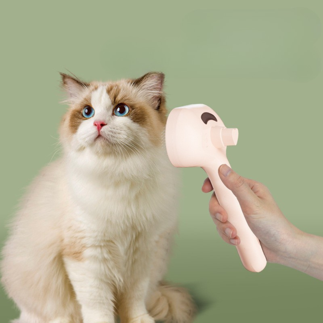 "Gentle pet grooming brush with steam function, vibrant pink, featuring soft bristles and ergonomic handle for easy use."
