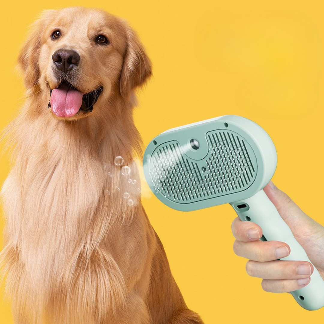 "Gentle pet grooming brush with steam function, vibrant pink, featuring soft bristles and ergonomic handle for easy use."