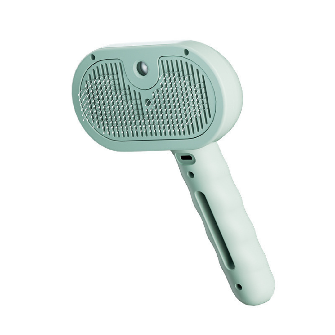 "Gentle pet grooming brush with steam function, vibrant pink, featuring soft bristles and ergonomic handle for easy use."
