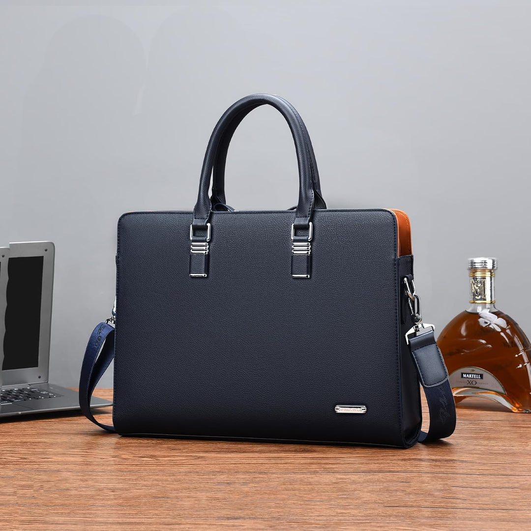 Genuine leather multi-compartment business briefcase for professionals.