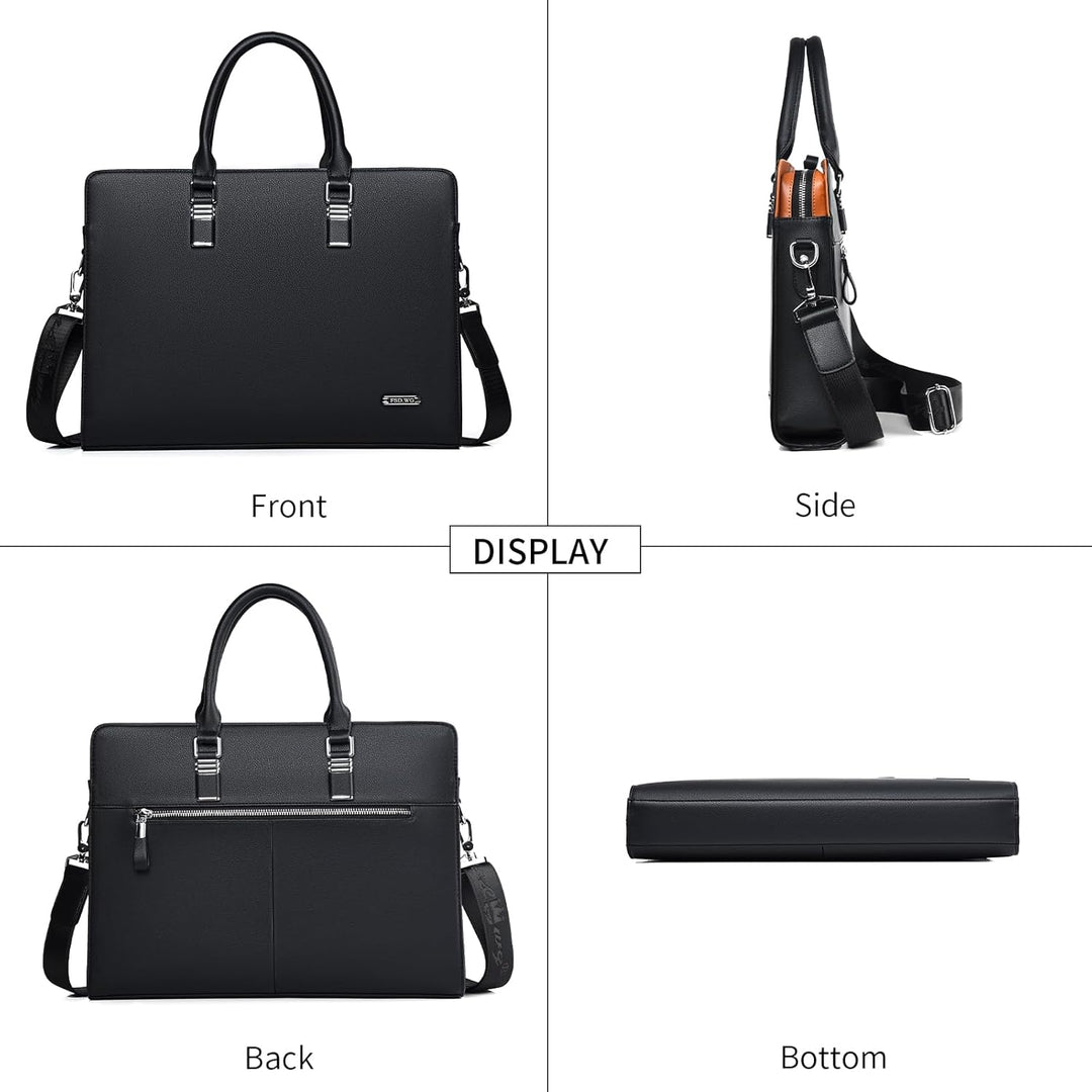 Front view of a sophisticated genuine leather multi-compartment professional briefcase.