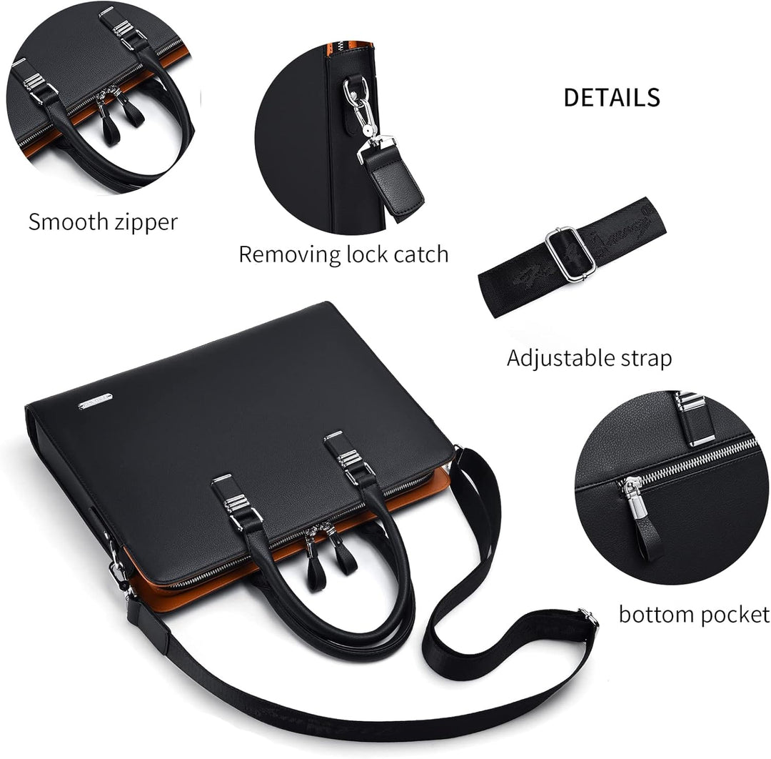 Open genuine leather business bag revealing laptop, tablet & accessory compartments.