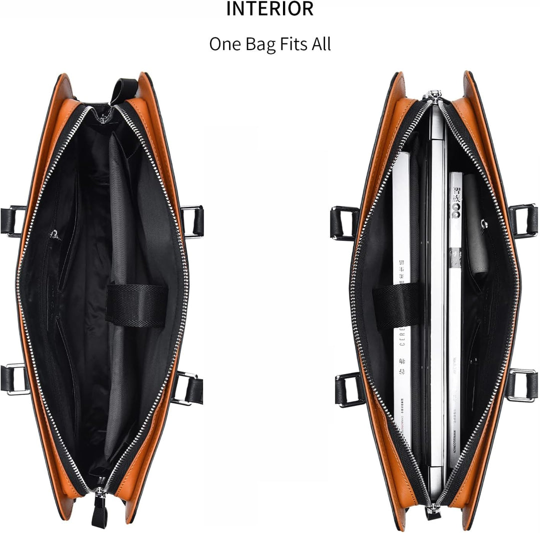 Side profile of a structured genuine leather commuter briefcase with sleek design.