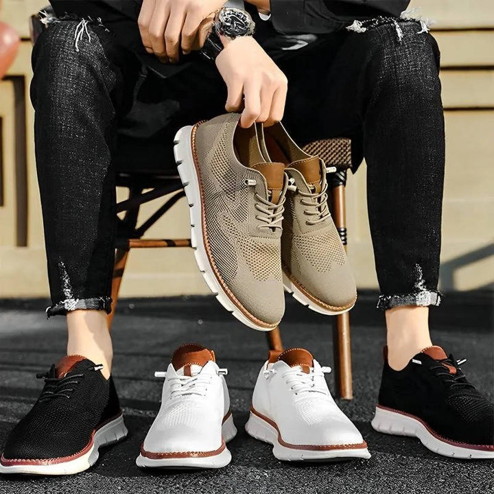 "Gray knit men's shoes, ultra-comfortable, lightweight, durable, adaptable style for business and casual wear."