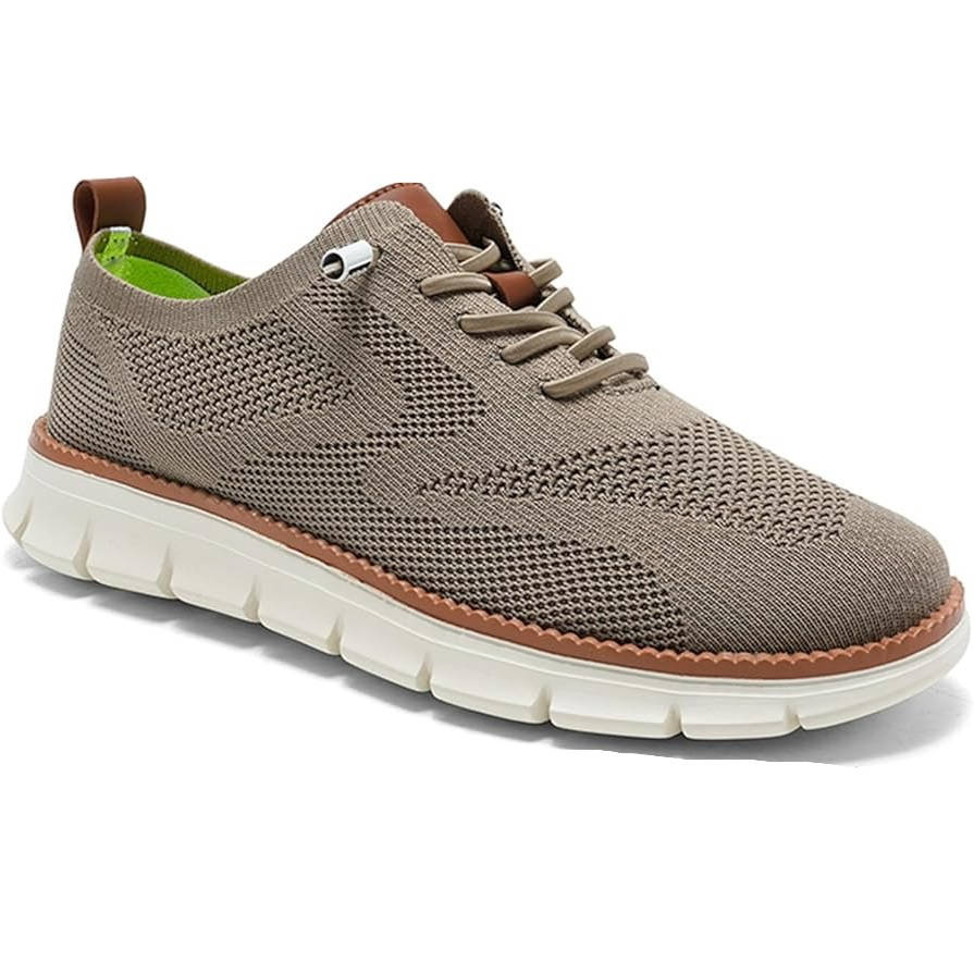 "Gray knit men's shoes, ultra-comfortable, lightweight, durable, adaptable style for business and casual wear."