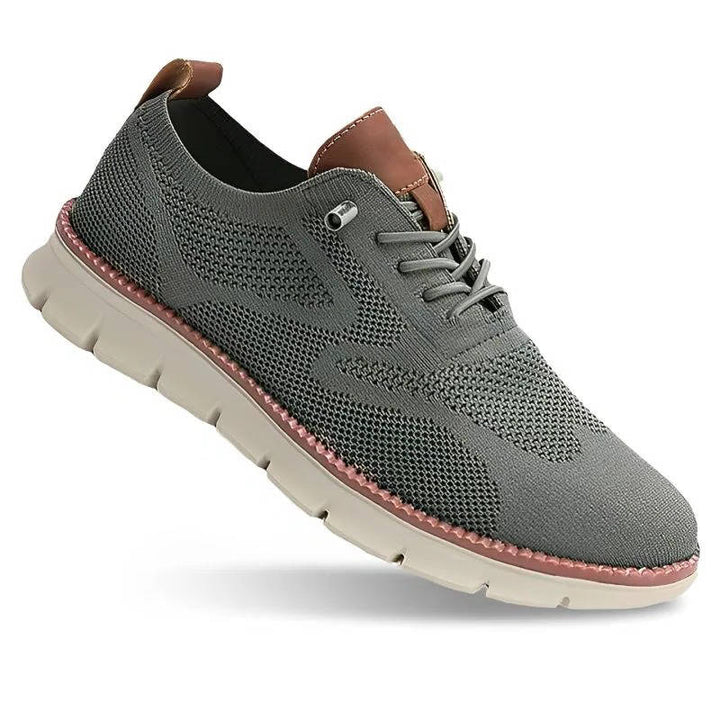 "Gray knit men's shoes, ultra-comfortable, lightweight, durable, adaptable style for business and casual wear."