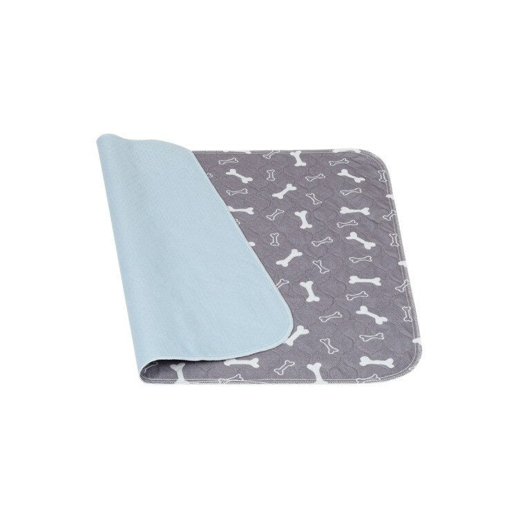 "Gray waterproof dog pee pad, washable and reusable, with bone and paw print. Available in multiple sizes for pet use."