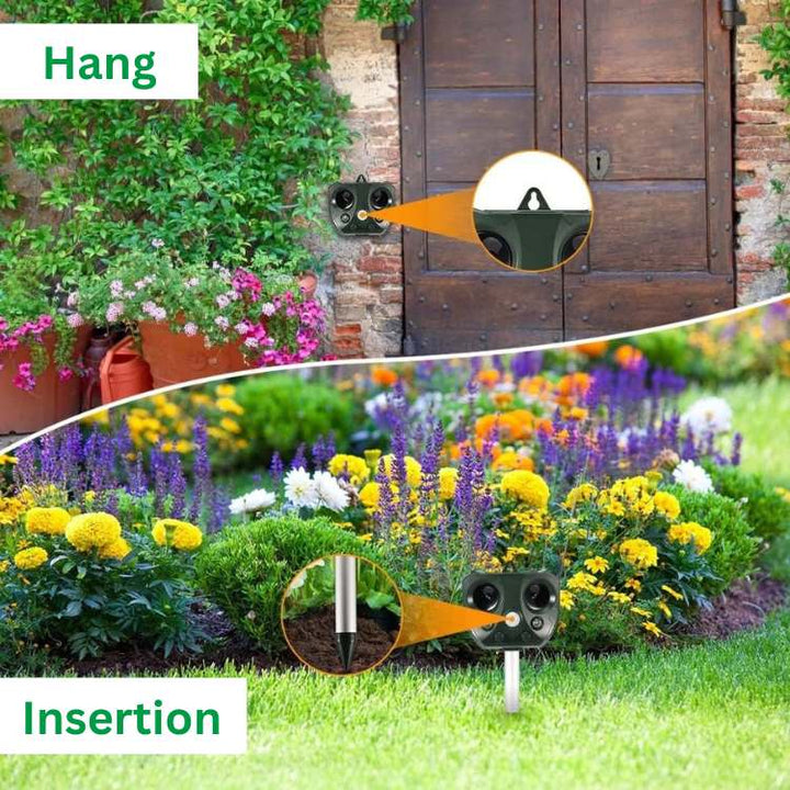 "Green ultrasonic bird and pest repeller device with solar panel, LED lights, and motion sensor for outdoor garden use."