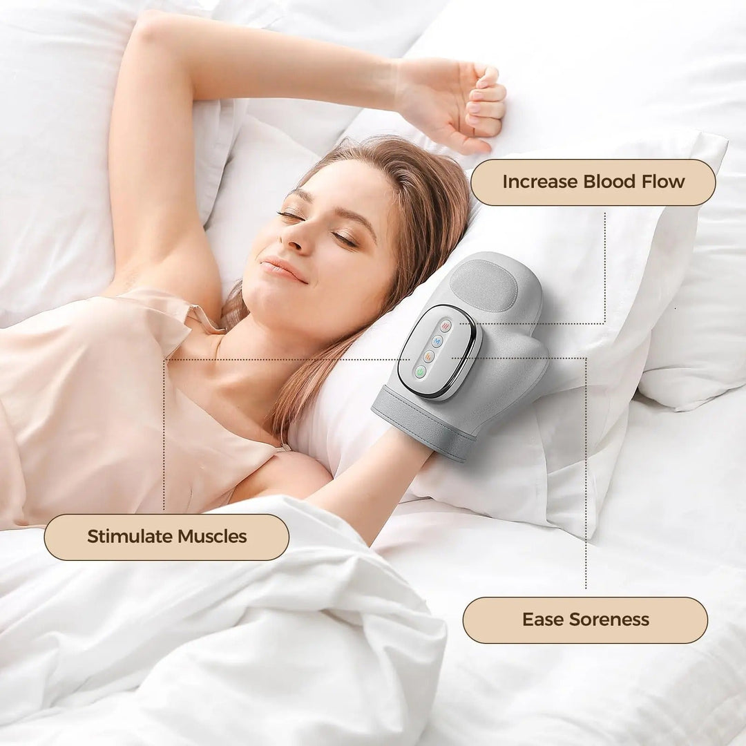 "Hand massager with heat for pain relief, showing airbag compression, sleek design, and adjustable settings."