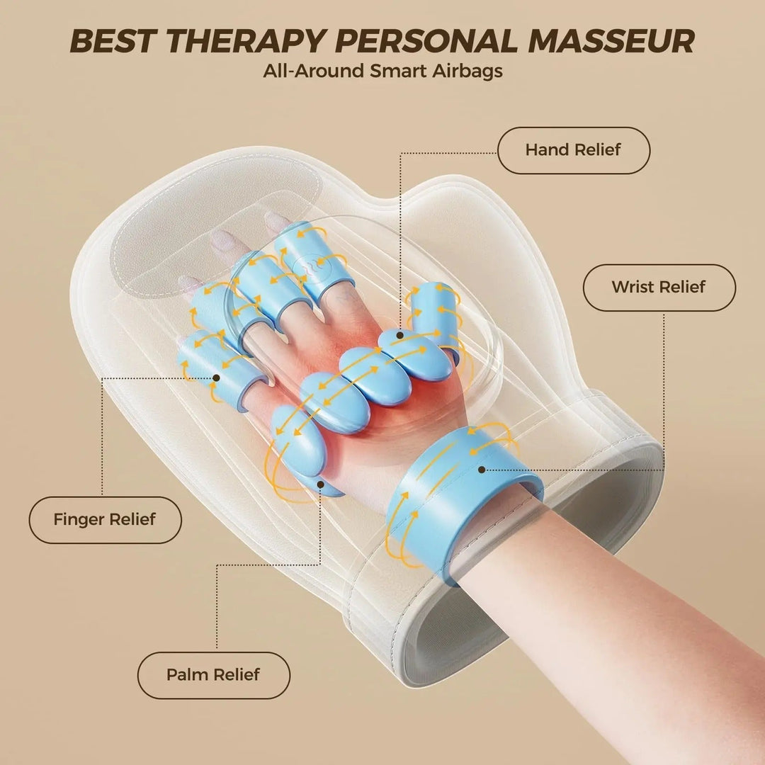 "Hand massager with heat for pain relief, showing airbag compression, sleek design, and adjustable settings."