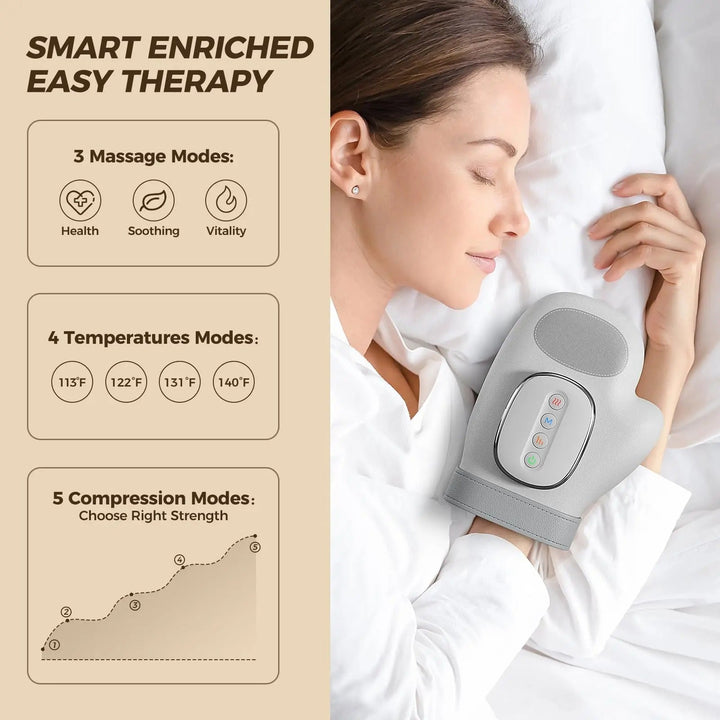 "Hand massager with heat for pain relief, showing airbag compression, sleek design, and adjustable settings."