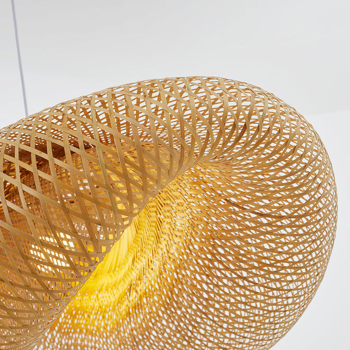 "Handcrafted bamboo pendant light with wave-pattern wicker rattan shade, adds warm, natural elegance to any interior space."