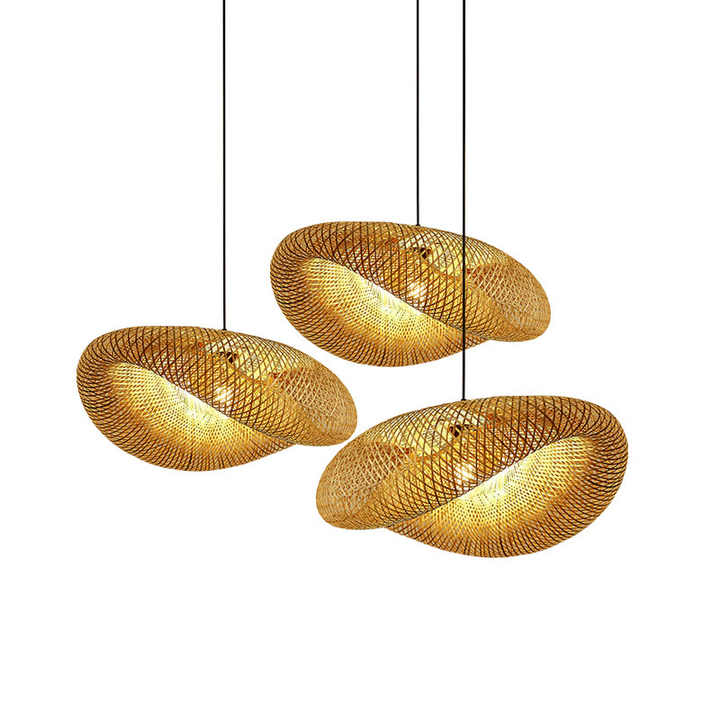 "Handcrafted bamboo pendant light with wave-pattern wicker rattan shade, adds warm, natural elegance to any interior space."