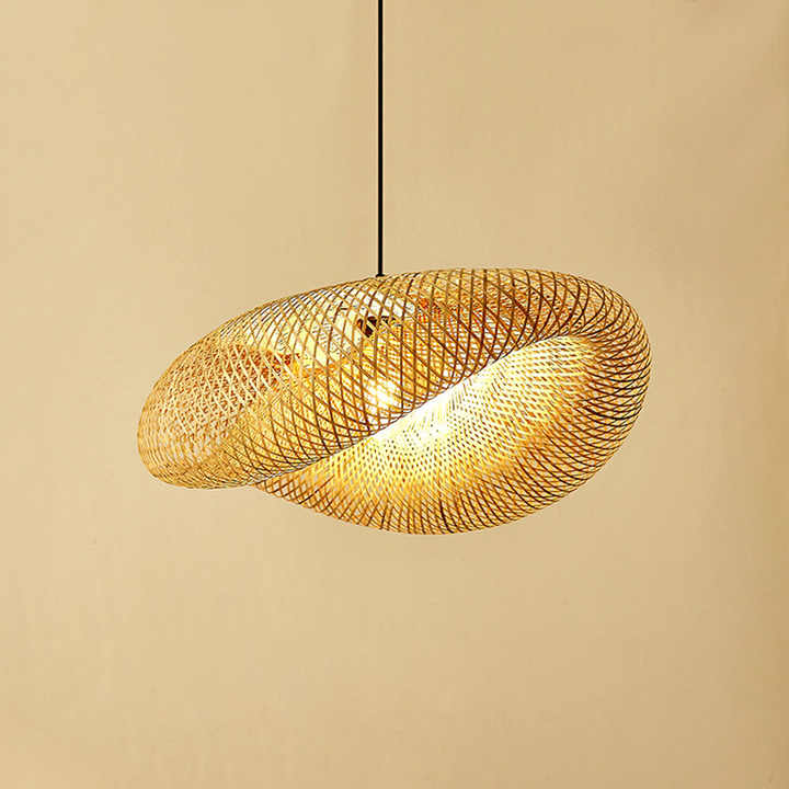 "Handcrafted bamboo pendant light with wave-pattern wicker rattan shade, adds warm, natural elegance to any interior space."