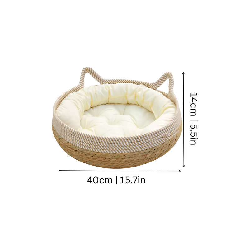 "Handcrafted sisal and cotton cat bed, white and blue tones, cozy cushion, nest design for comfort and scratching."