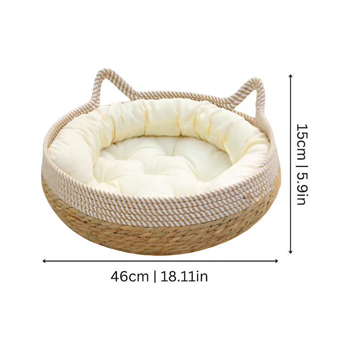"Handcrafted sisal and cotton cat bed, white and blue tones, cozy cushion, nest design for comfort and scratching."