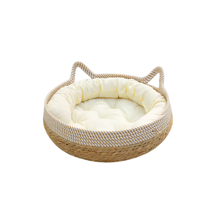 "Handcrafted sisal and cotton cat bed, white and blue tones, cozy cushion, nest design for comfort and scratching."