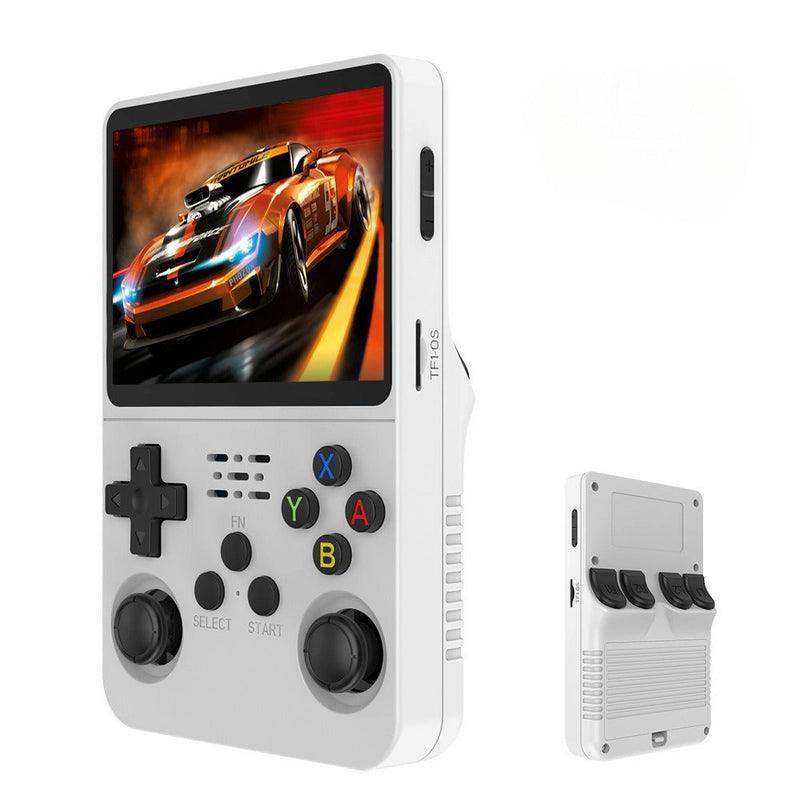"Handheld gaming console with HD screen, USB charging, compact design, ergonomic controls, and retro aesthetics."