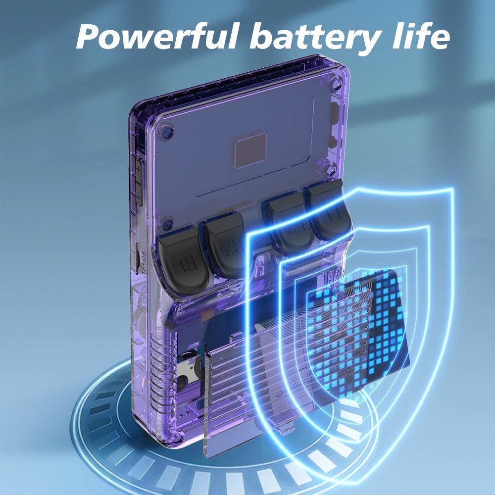 "Handheld gaming console with HD screen, USB charging, compact design, ergonomic controls, and retro aesthetics."