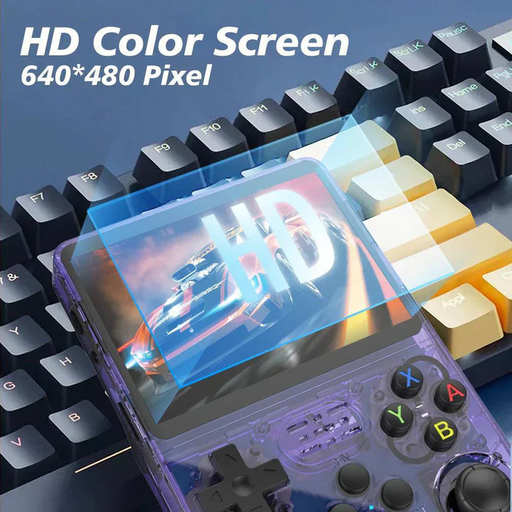 "Handheld gaming console with HD screen, USB charging, compact design, ergonomic controls, and retro aesthetics."