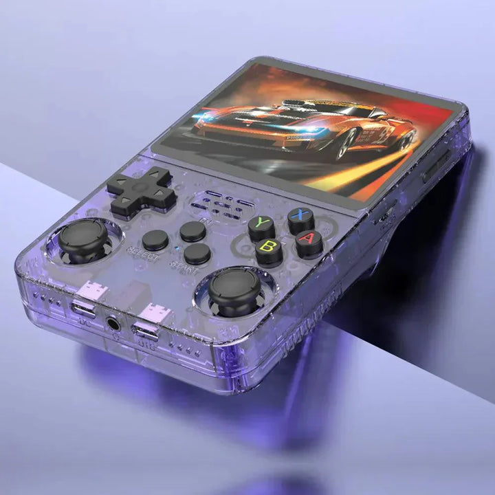 "Handheld gaming console with HD screen, USB charging, compact design, ergonomic controls, and retro aesthetics."
