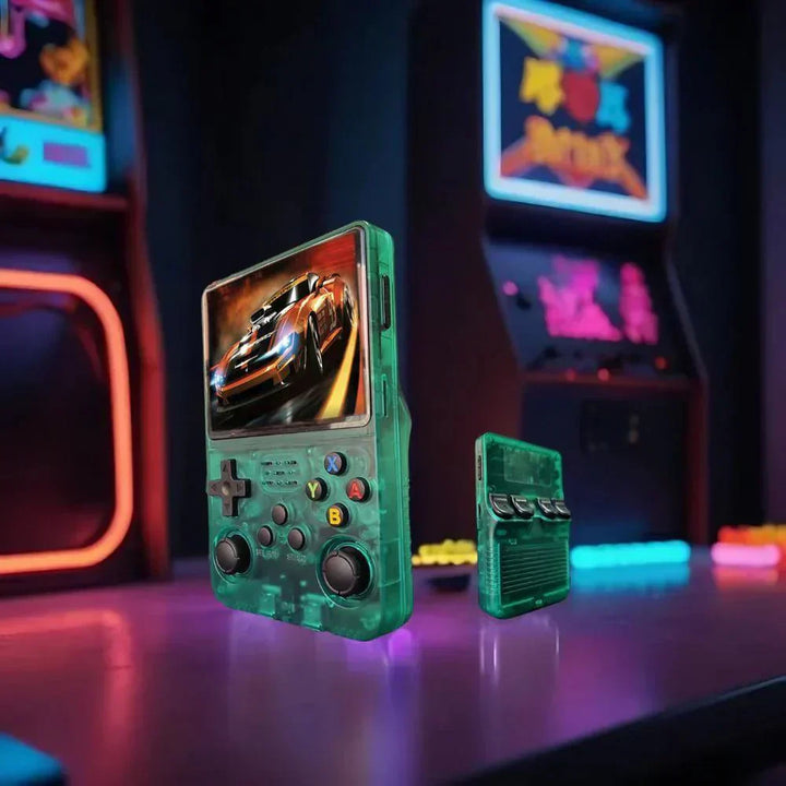 "Handheld gaming console with HD screen, USB charging, compact design, ergonomic controls, and retro aesthetics."