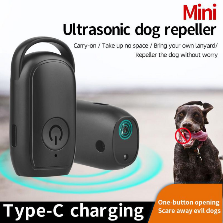 "Handheld ultrasonic anti-bark device, portable and safe for dogs, featuring one-button activation and USB-C rechargeability.