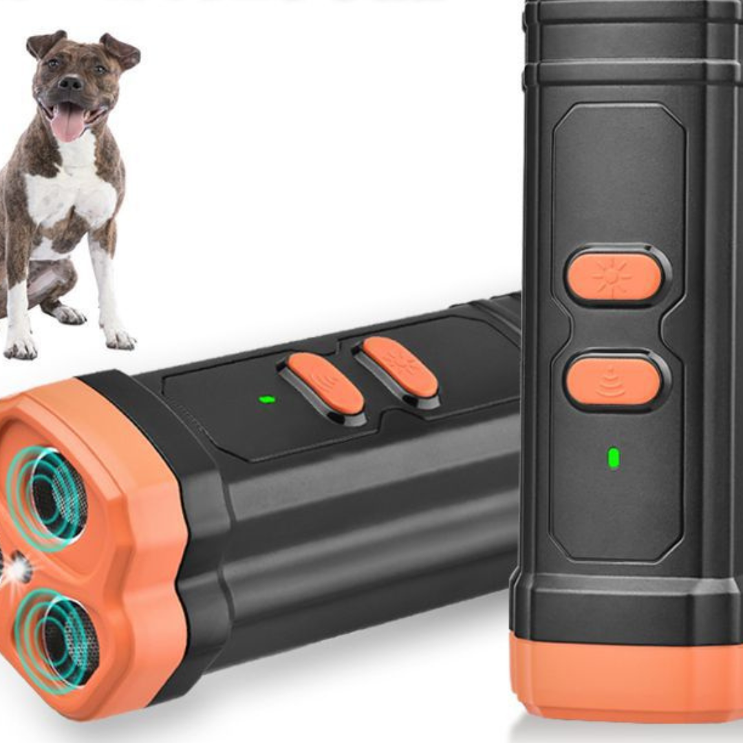 "Handheld ultrasonic anti-bark device, portable and safe for dogs, featuring one-button activation and USB-C rechargeability.