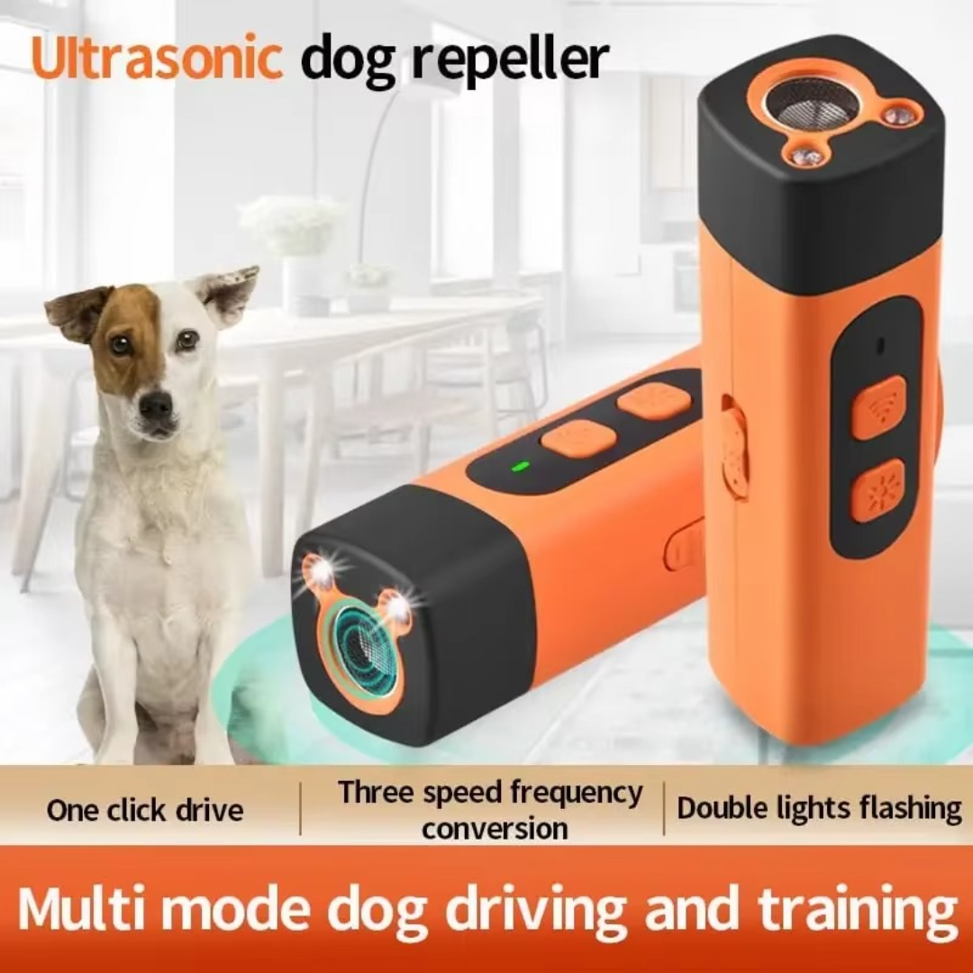 "Handheld ultrasonic anti-bark device, portable and safe for dogs, featuring one-button activation and USB-C rechargeability.