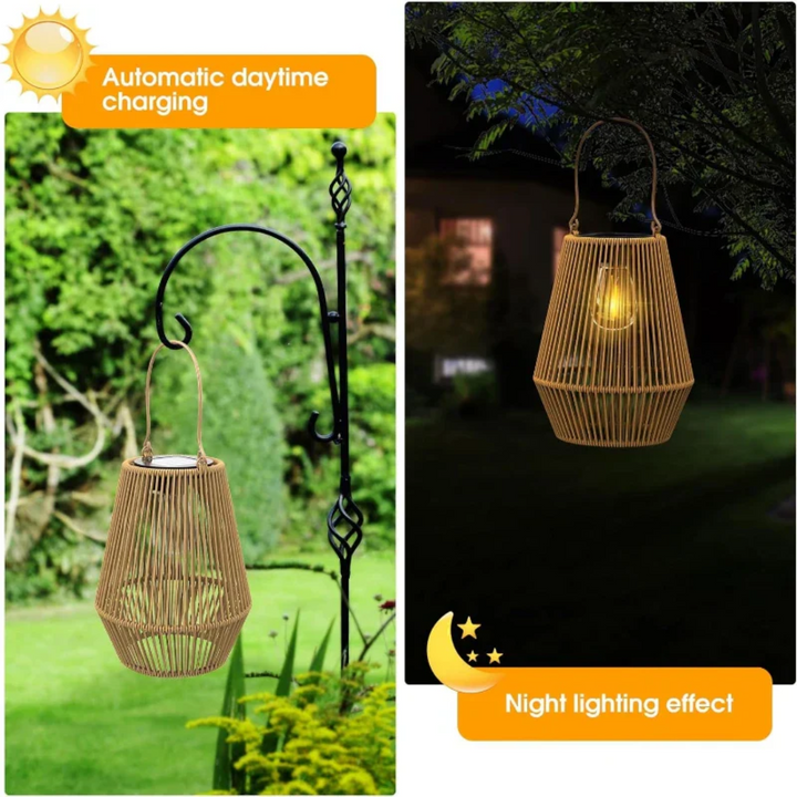 Handwoven solar garden lamp with intricate design, LED light, and waterproof finish, perfect for sustainable outdoor decor.