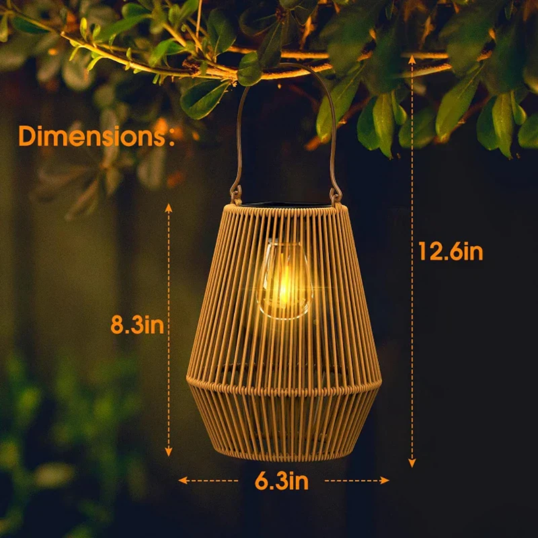 Handwoven solar garden lamp with intricate design, LED light, and waterproof finish, perfect for sustainable outdoor decor.