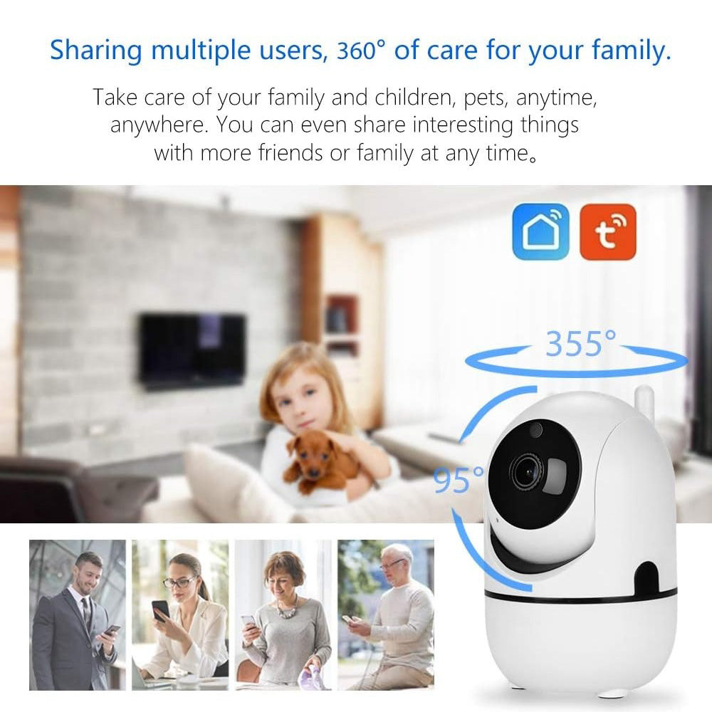 HD night vision baby monitor with 360° rotation, showing clear display even in low light and offering full-room surveillance.