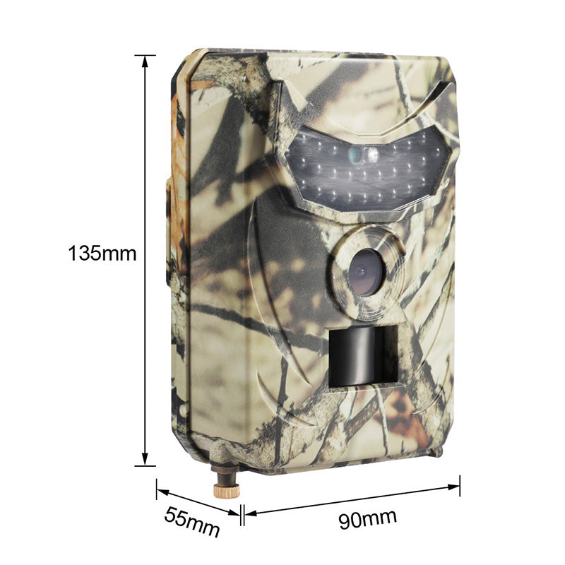 "HD wildlife trail camera with motion detection, captures day/night images; rugged design, compact for outdoor use."